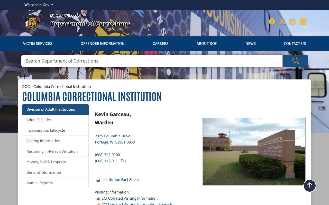 Columbia Correctional Institution DOC facility page for inmate lookup and prison information