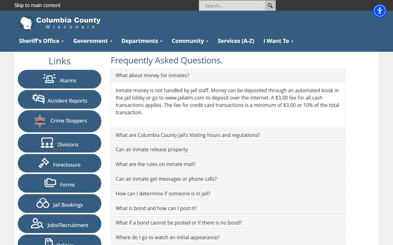 Columbia County inmate records jail FAQ visitation mail and money rules