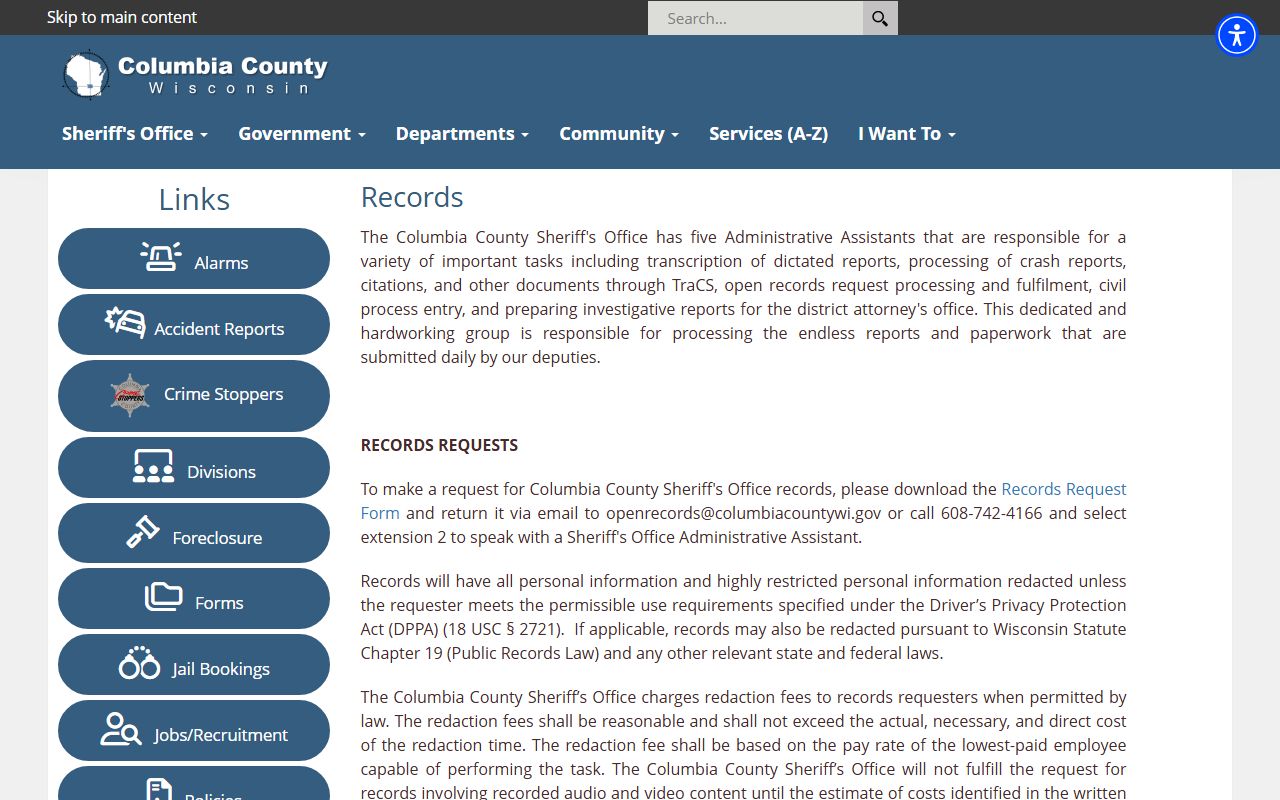 Columbia County sheriff records request page for inmate records