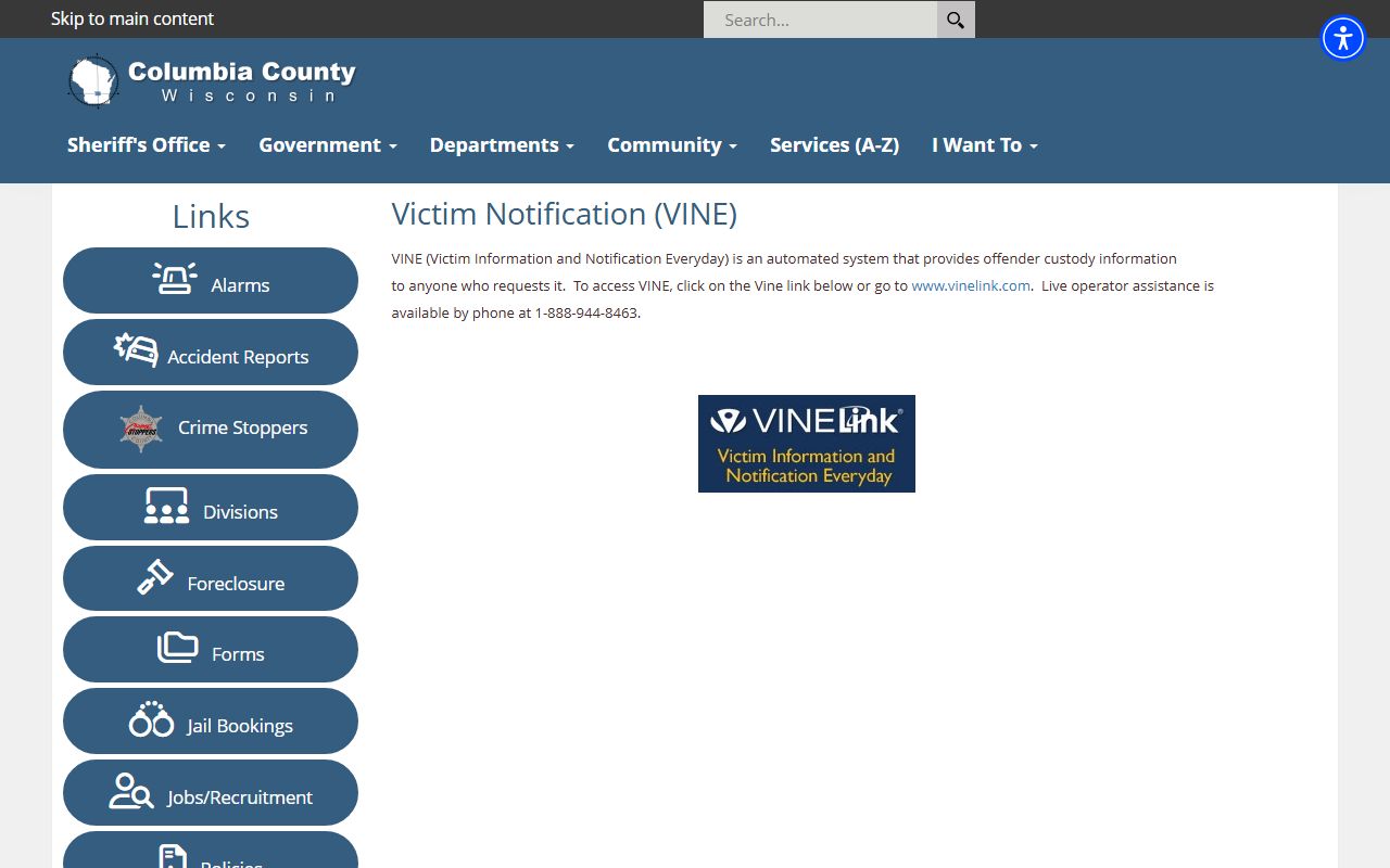 Columbia County inmate records VINE custody notification page