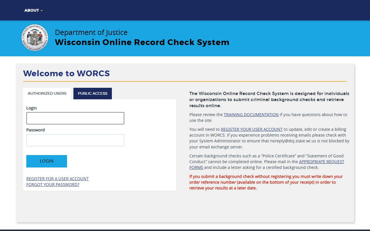 Wisconsin WORCS criminal history search for Columbia County arrest records